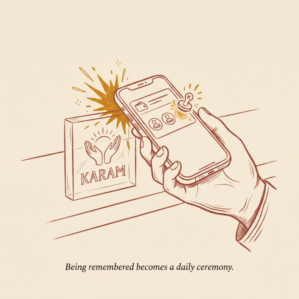 Hand-drawn phone tapping a Karam Tap stand on a shop counter as a stamp lands. Caption: Being remembered becomes a daily ceremony.