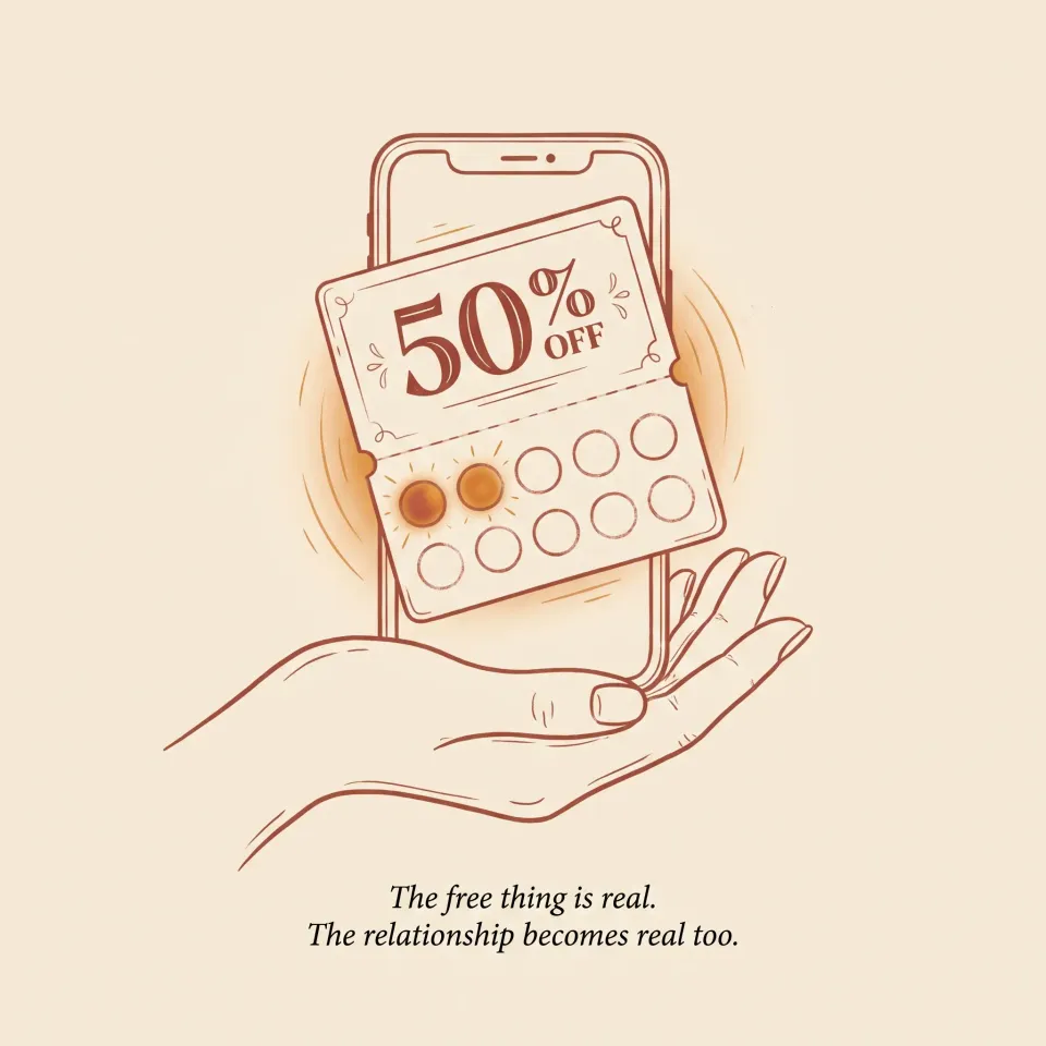Hand-drawn 50% off coupon on a phone turning into a stamp card with two stamps. Caption: The free thing is real. The relationship becomes real too.