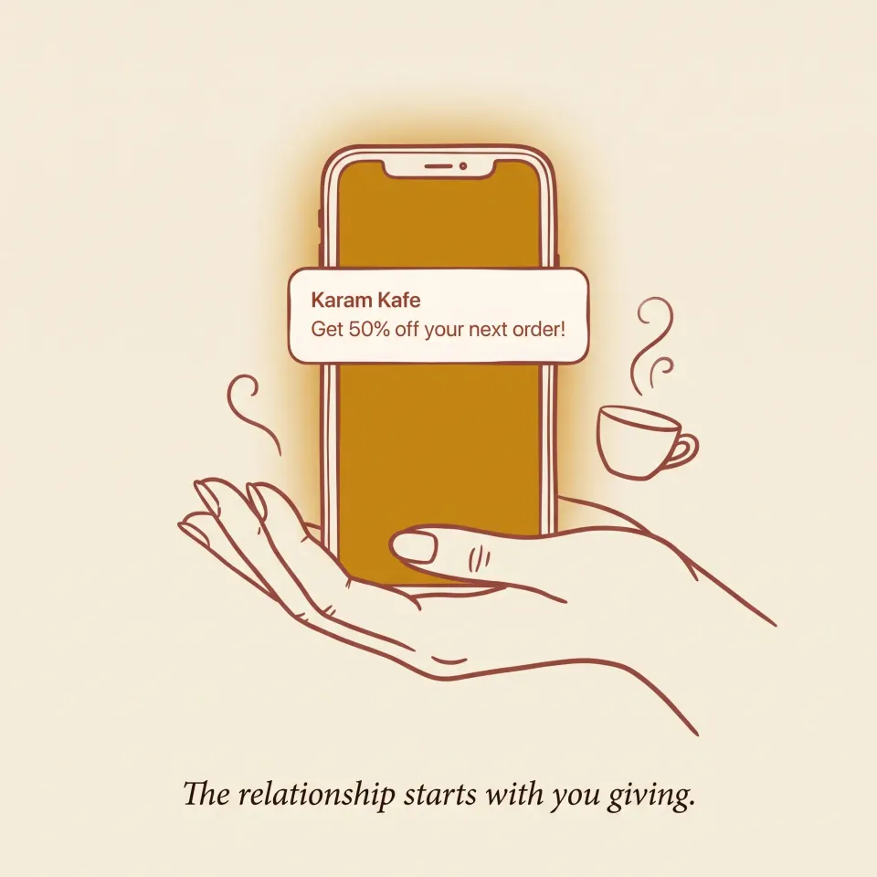Hand-drawn phone receiving a Karam Kafe push: Get 50% off your next order. Caption: The relationship starts with you giving.