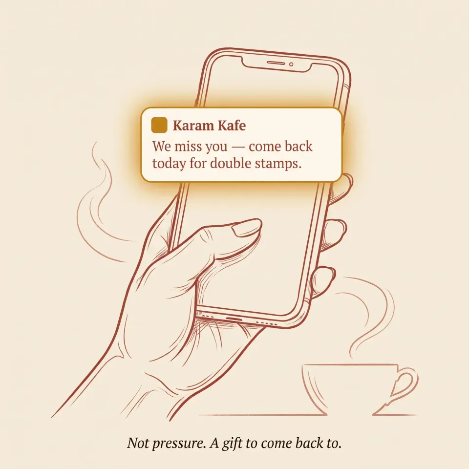 Hand-drawn phone showing a Karam Kafe push: We miss you — come back today for double stamps. Caption: Not pressure. A gift to come back to.