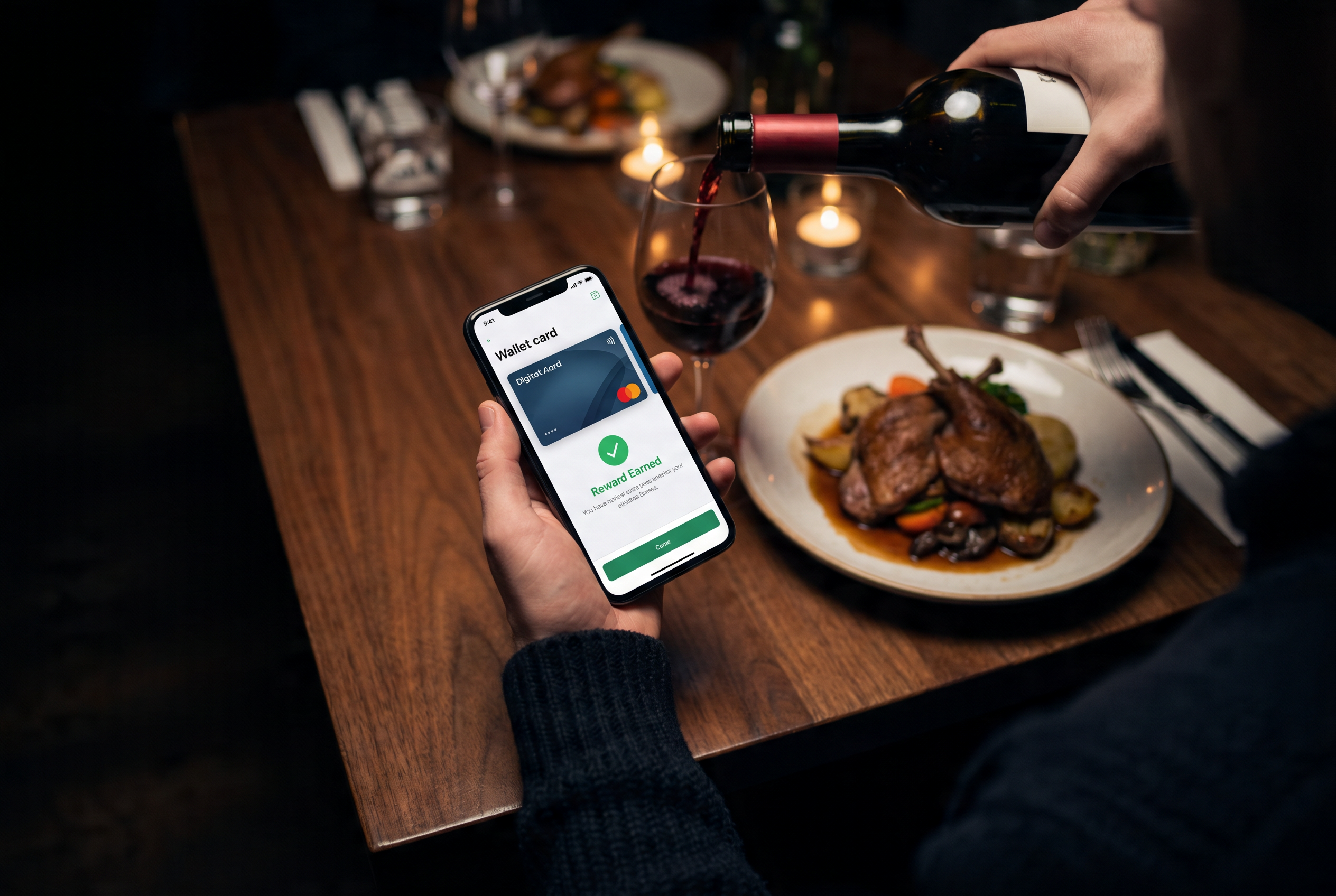 Couple at a candlelit restaurant table, one holding a phone showing a reward earned message