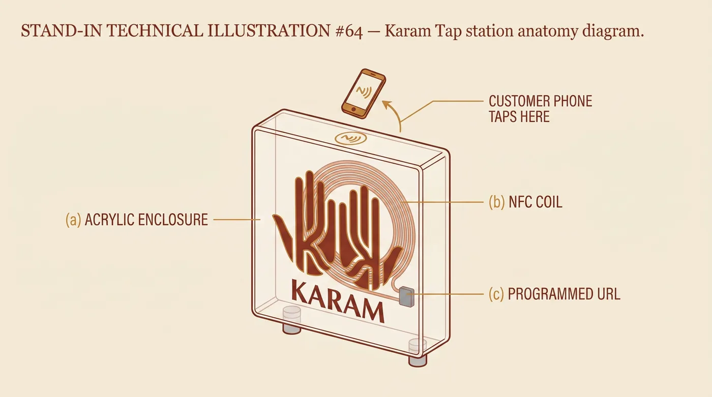 Karam Tap station anatomy: a customer's phone tapping the top of a branded acrylic puck, with the NFC coil looping behind the Karam logo and the programmed-URL chip at its base.