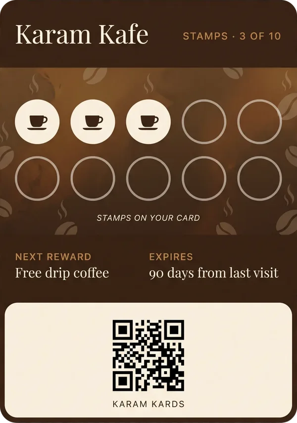 Karam Kafe stamp card: 3 of 10 stamps, next reward a free drip coffee.